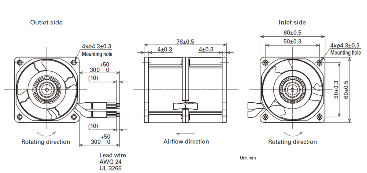 Mechanical Drawing - Sanyo Denki 9CRLB 60x76mm Long Life, Counter Rotating DC Fan